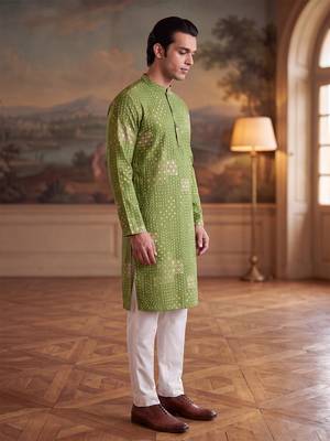 green linen blend bandhani printed straight kurta with trouser set  3