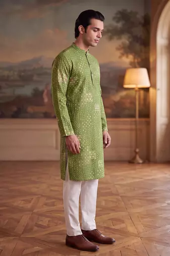 green linen blend bandhani printed straight kurta with trouser set 