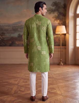 green linen blend bandhani printed straight kurta with trouser set  4