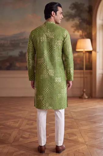 green linen blend bandhani printed straight kurta with trouser set 