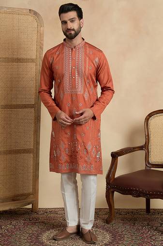 orange silk blend solid embroidered kurta 