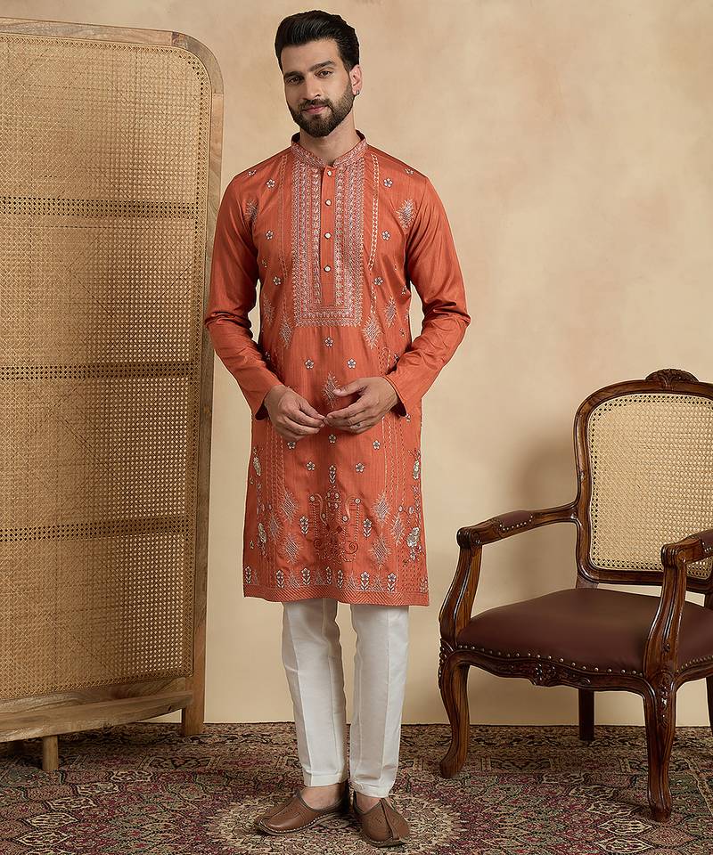 orange silk blend solid embroidered kurta 
