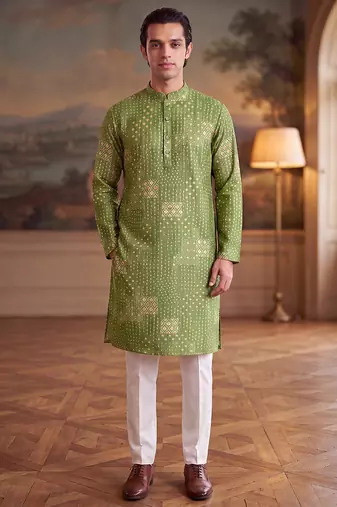 green linen blend bandhani printed straight kurta with trouser set 