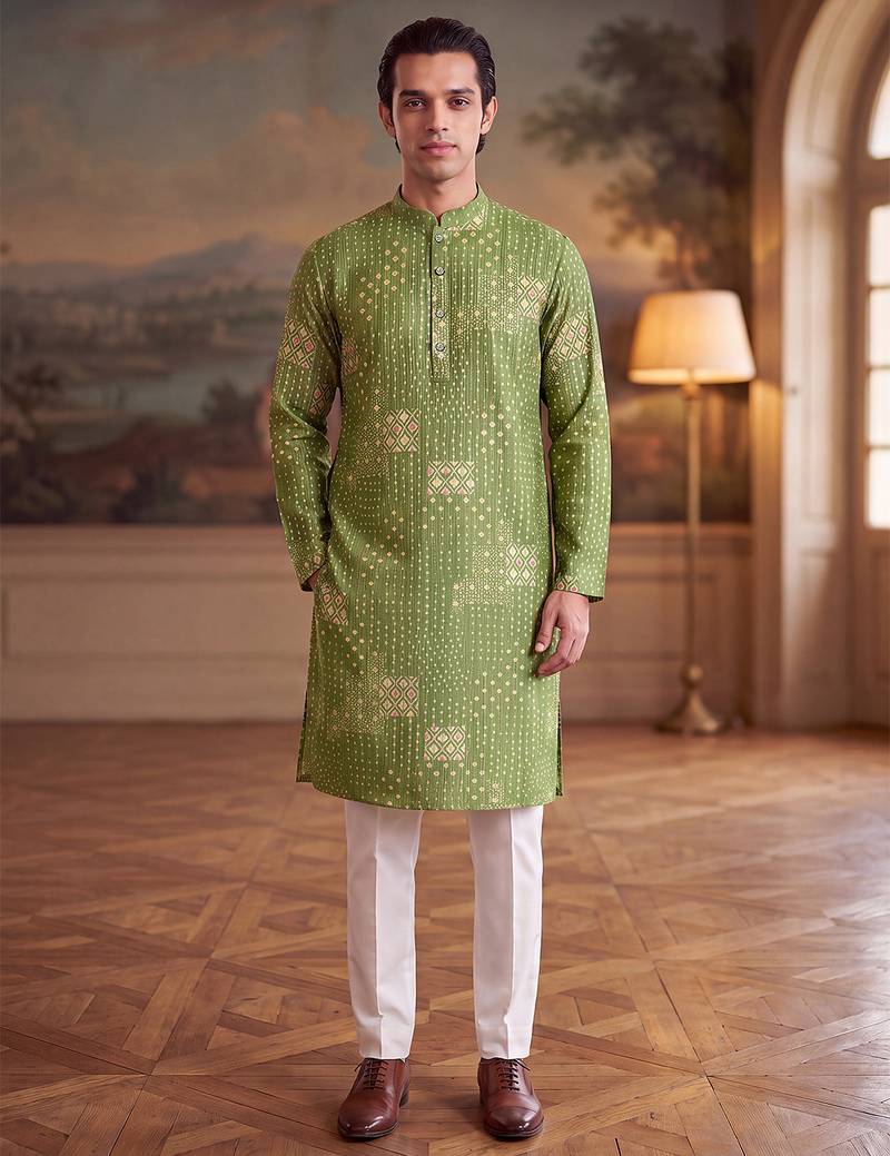 green linen blend bandhani printed straight kurta with trouser set 