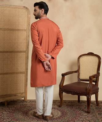 orange silk blend solid embroidered kurta  4