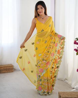 Yellow georgette sequins saree with unstitched blouse piece. 3