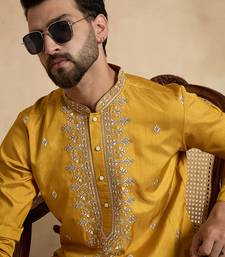 yellow silk blend solid embroidered kurta 