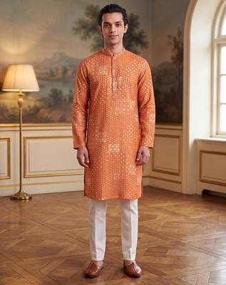 orange linen blend bandhani printed straight kurta with trouser set  1