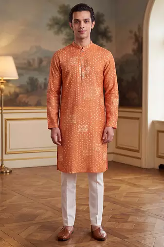 orange linen blend bandhani printed straight kurta with trouser set 