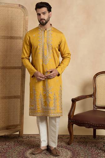 yellow silk blend solid embroidered kurta 