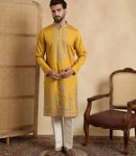 yellow silk blend solid embroidered kurta 