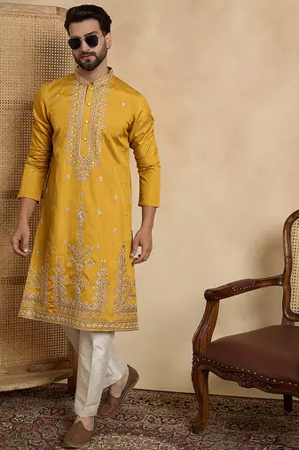 yellow silk blend solid embroidered kurta 
