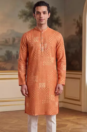orange linen blend bandhani printed straight kurta with trouser set 