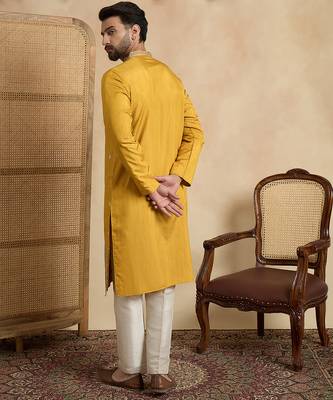 yellow silk blend solid embroidered kurta  4