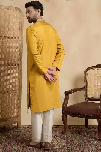 yellow silk blend solid embroidered kurta 