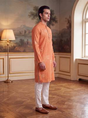 orange linen blend bandhani printed straight kurta with trouser set  3