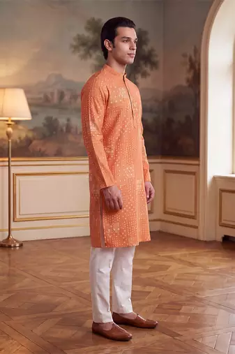 orange linen blend bandhani printed straight kurta with trouser set 
