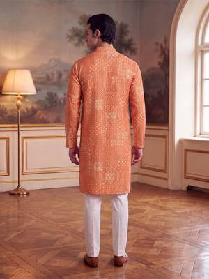 orange linen blend bandhani printed straight kurta with trouser set  4