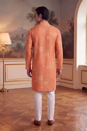 orange linen blend bandhani printed straight kurta with trouser set 