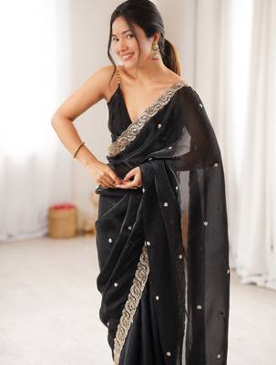 Black tissue satin embroidered saree with unstitched blouse piece. 1