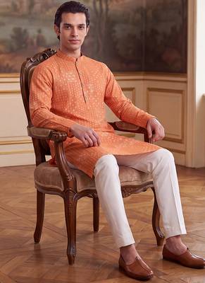 orange linen blend bandhani printed straight kurta with trouser set  5