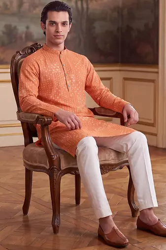 orange linen blend bandhani printed straight kurta with trouser set 