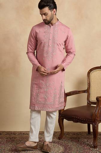 pink silk blend solid embroidered kurta 