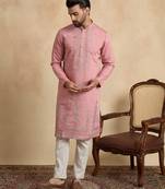 pink silk blend solid embroidered kurta 