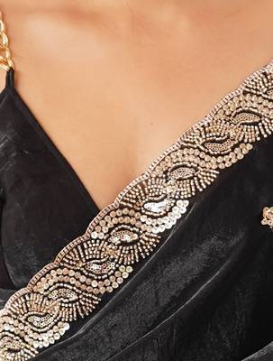 Black tissue satin embroidered saree with unstitched blouse piece. 3
