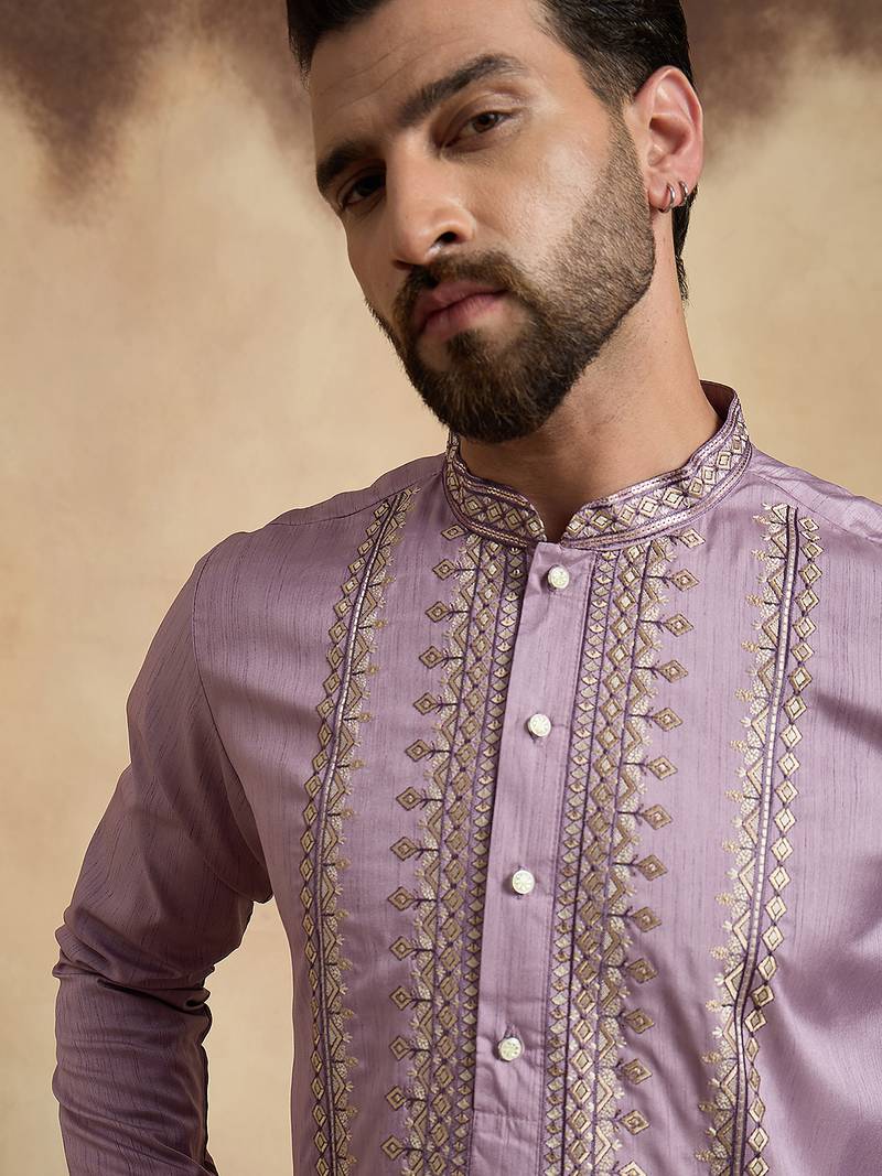 lavender silk blend solid embroidered kurta 