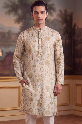 off white linen blend ethnic motifs printed straight kurta with trouser set 