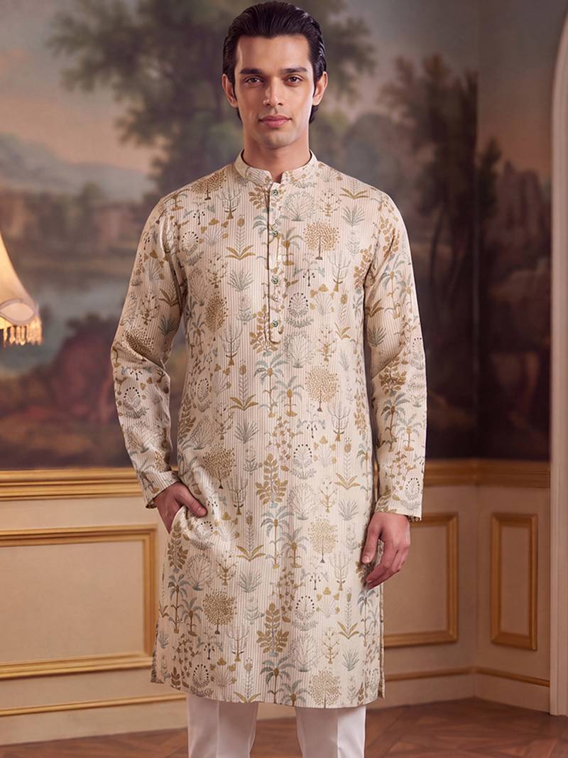 off white linen blend ethnic motifs printed straight kurta with trouser set 