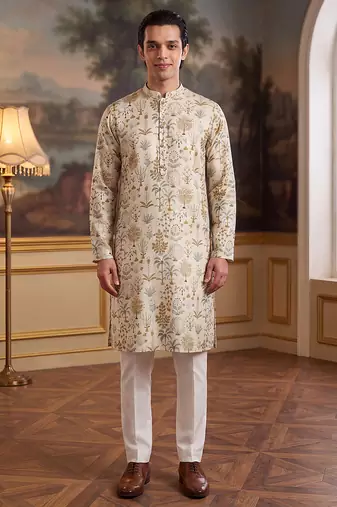 off white linen blend ethnic motifs printed straight kurta with trouser set 