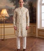 off white linen blend ethnic motifs printed straight kurta with trouser set 
