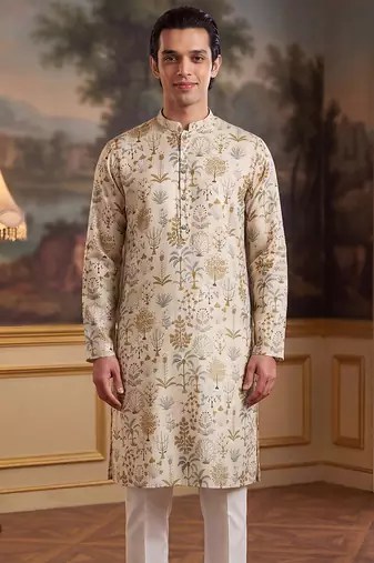 off white linen blend ethnic motifs printed straight kurta with trouser set 