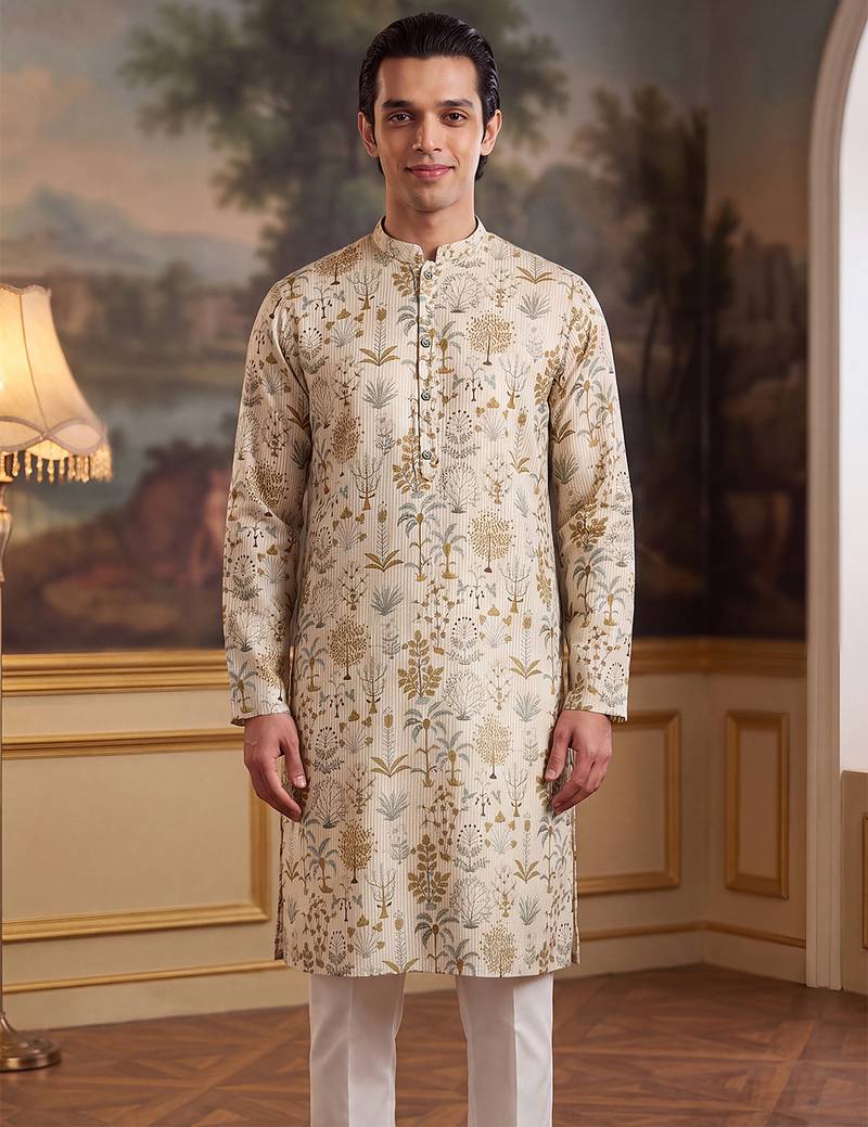 off white linen blend ethnic motifs printed straight kurta with trouser set 