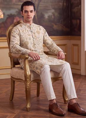 off white linen blend ethnic motifs printed straight kurta with trouser set  3