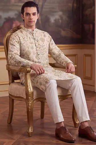 off white linen blend ethnic motifs printed straight kurta with trouser set 