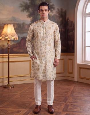 off white linen blend ethnic motifs printed straight kurta with trouser set  4