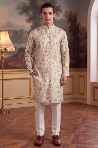 off white linen blend ethnic motifs printed straight kurta with trouser set 