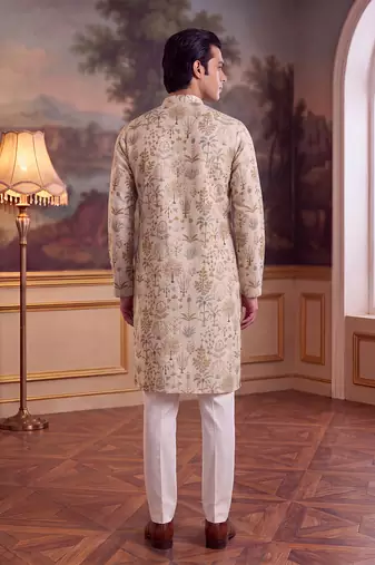 off white linen blend ethnic motifs printed straight kurta with trouser set 