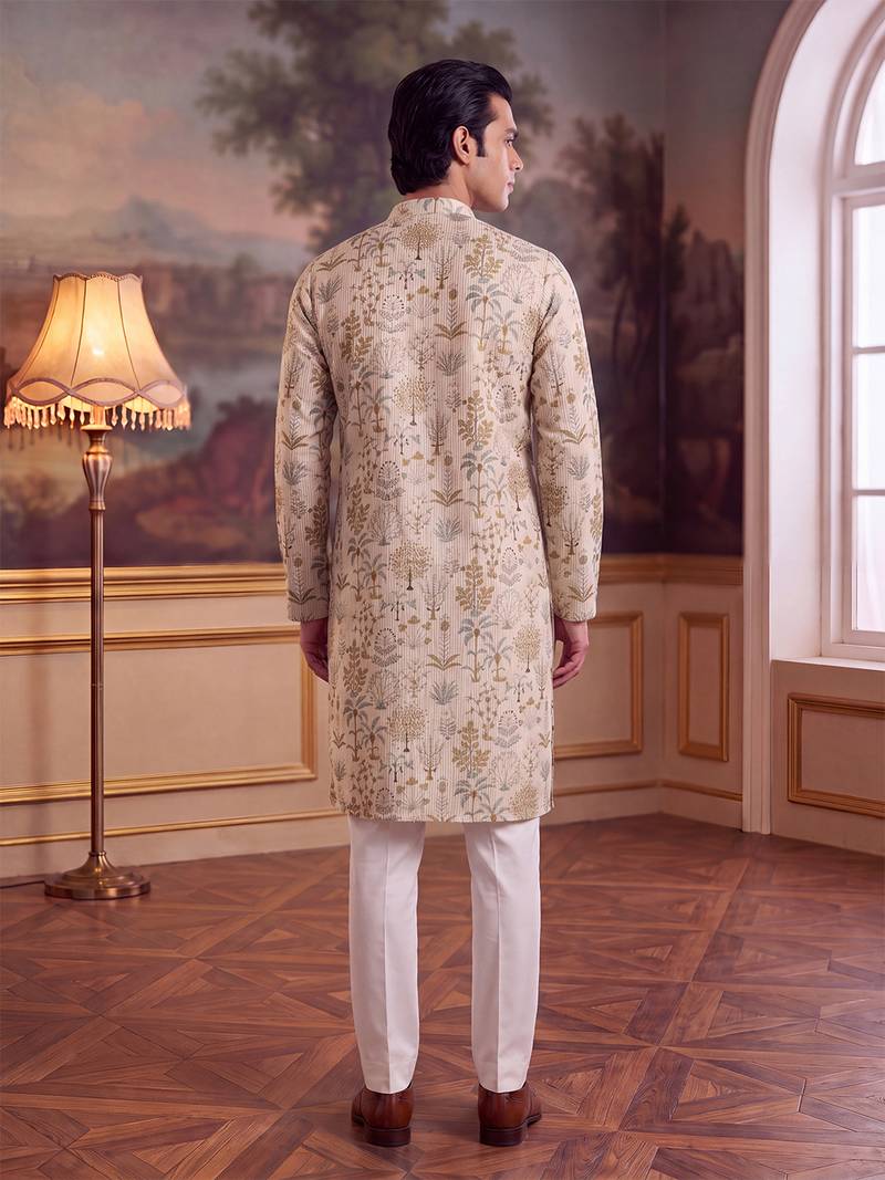 off white linen blend ethnic motifs printed straight kurta with trouser set 