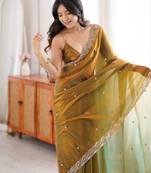 Gold tissue satin embroidered saree with unstitched blouse piece.
