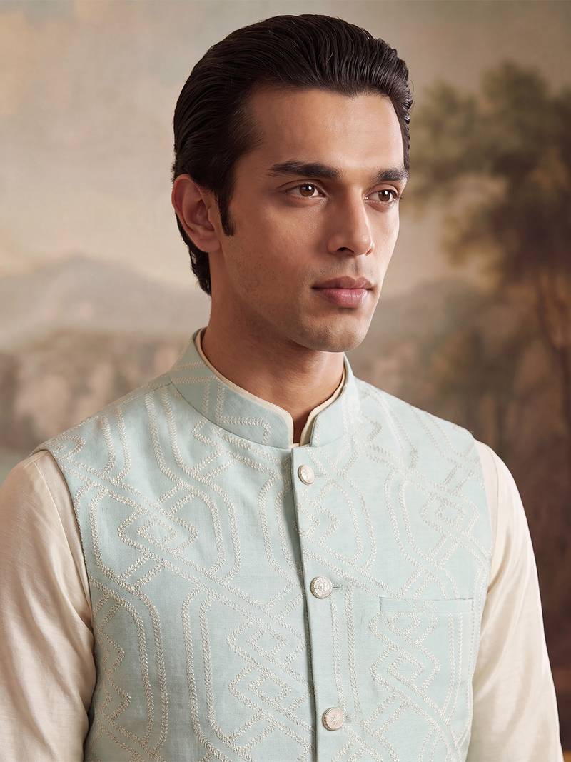 blue jacquard woven design koti 