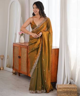Gold tissue satin embroidered saree with unstitched blouse piece. 4