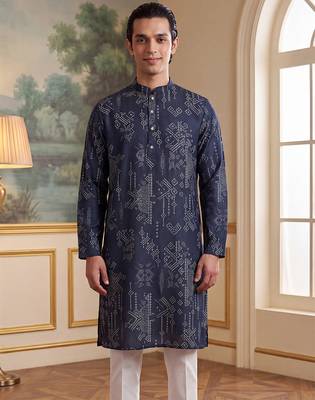 blue linen blend ethnic motifs printed straight kurta with trouser set  3