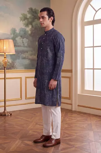 blue linen blend ethnic motifs printed straight kurta with trouser set 