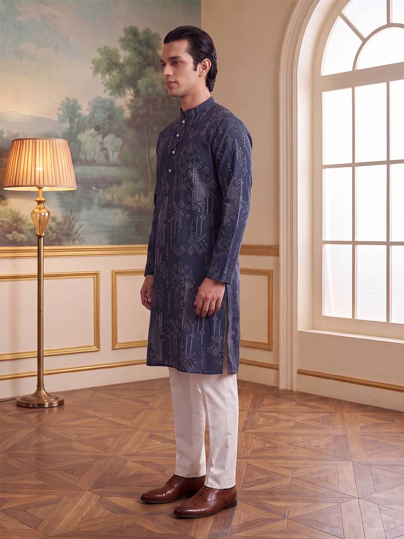blue linen blend ethnic motifs printed straight kurta with trouser set 