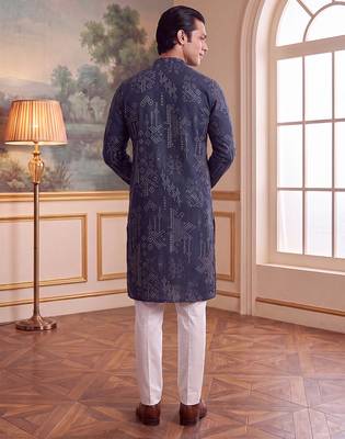 blue linen blend ethnic motifs printed straight kurta with trouser set  5