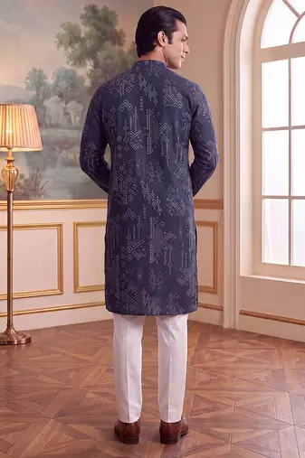 blue linen blend ethnic motifs printed straight kurta with trouser set 